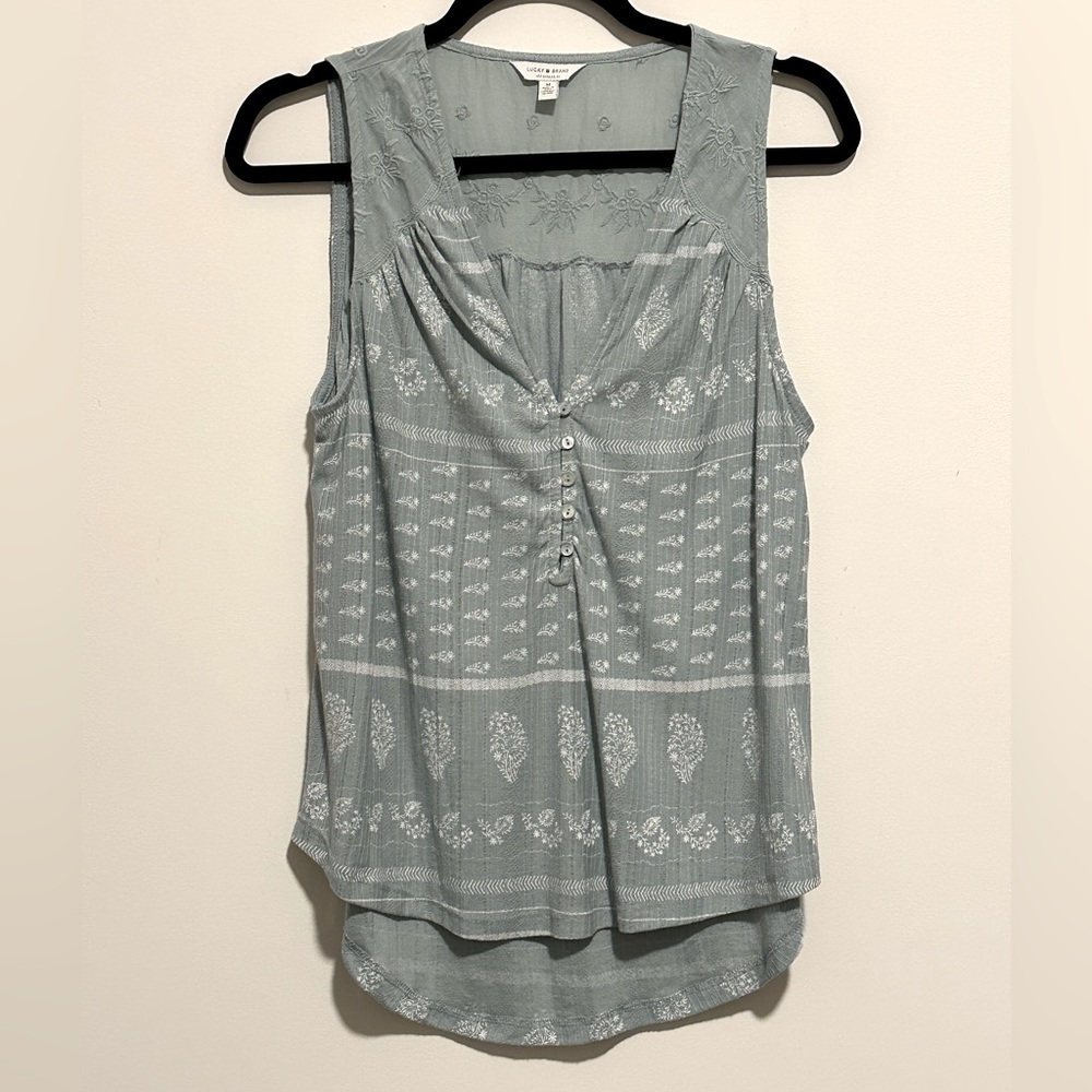 Lucky Brand Sleeveless Tank Top Size Medium, Teal Green Floral Pattern